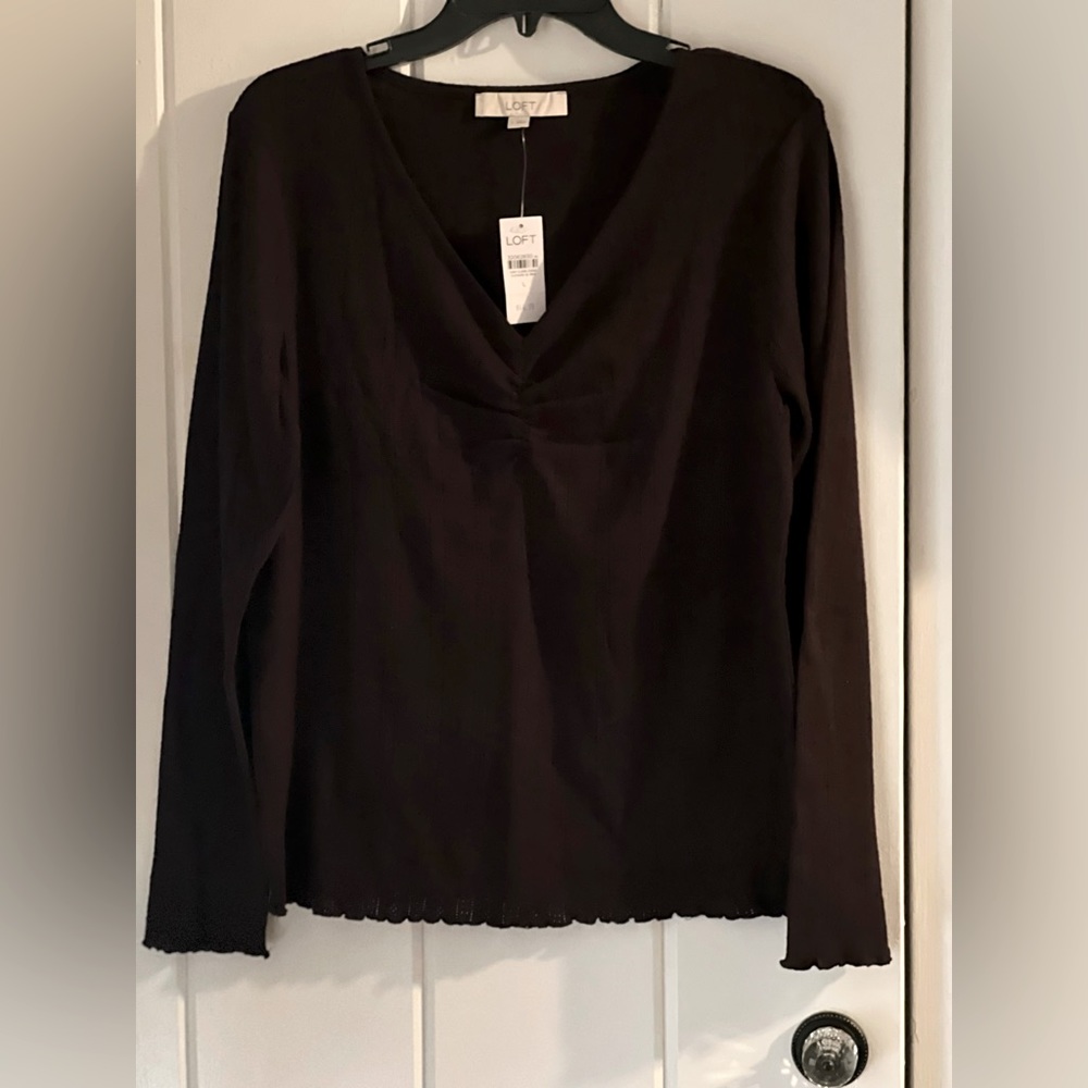 LOFT Black long sleeve v-neck,super soft Pointelle Knit top,Size Large, NWT